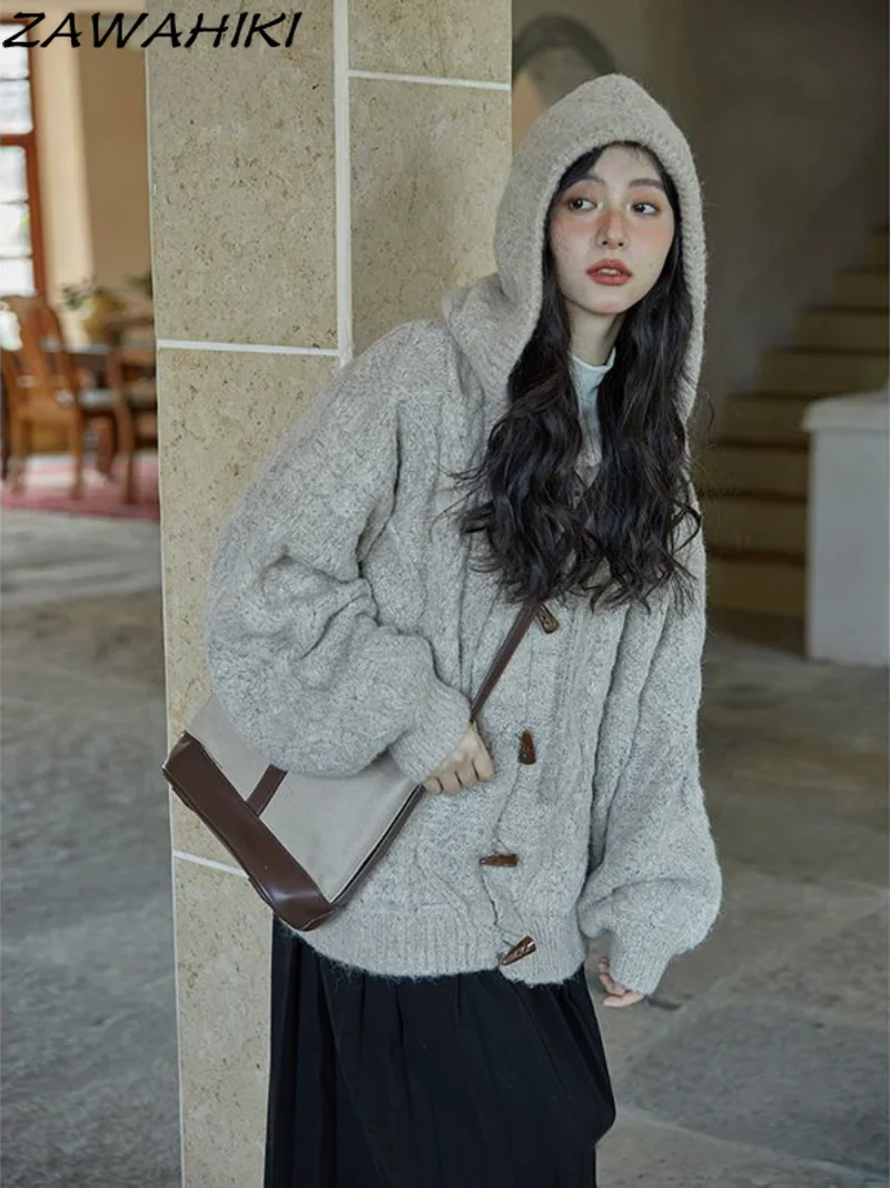 

Vintage CowHorn Button Hooded Twist Sweater Coat Autumn Winter Warm Button-up Knitwear Women's Loose Outer Wear Knitted Cardigan