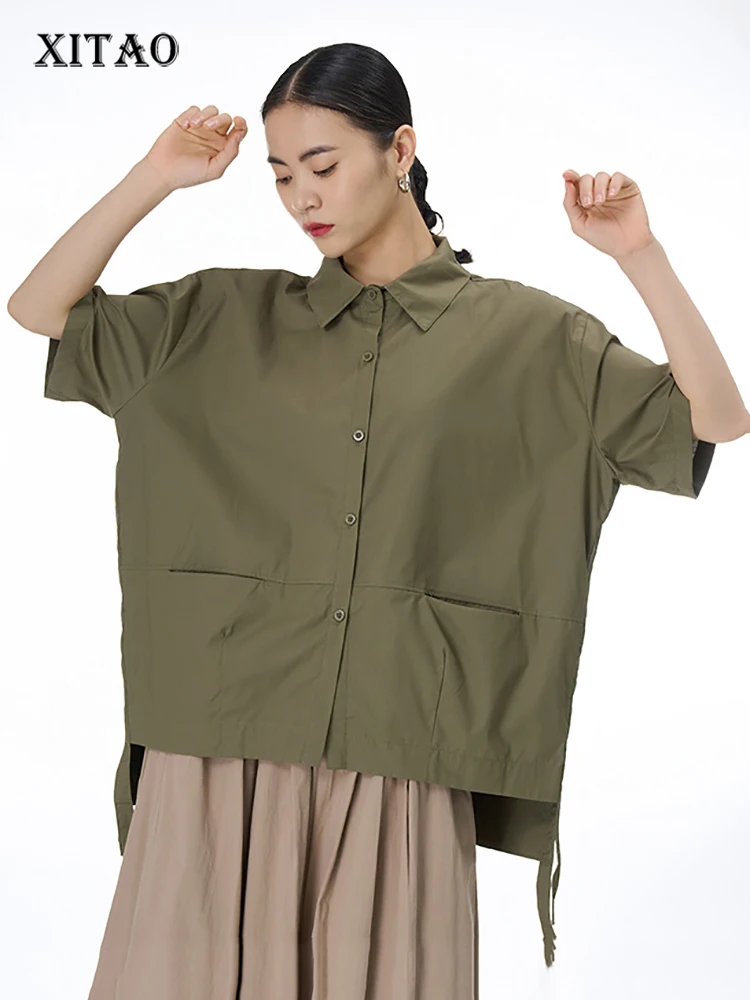 

XITAO Irregular Casual Women Shirt Loose Simplicity Temperament Turn-down Collar Top Summer New Solid Color Shirt Sleeve DMJ1418