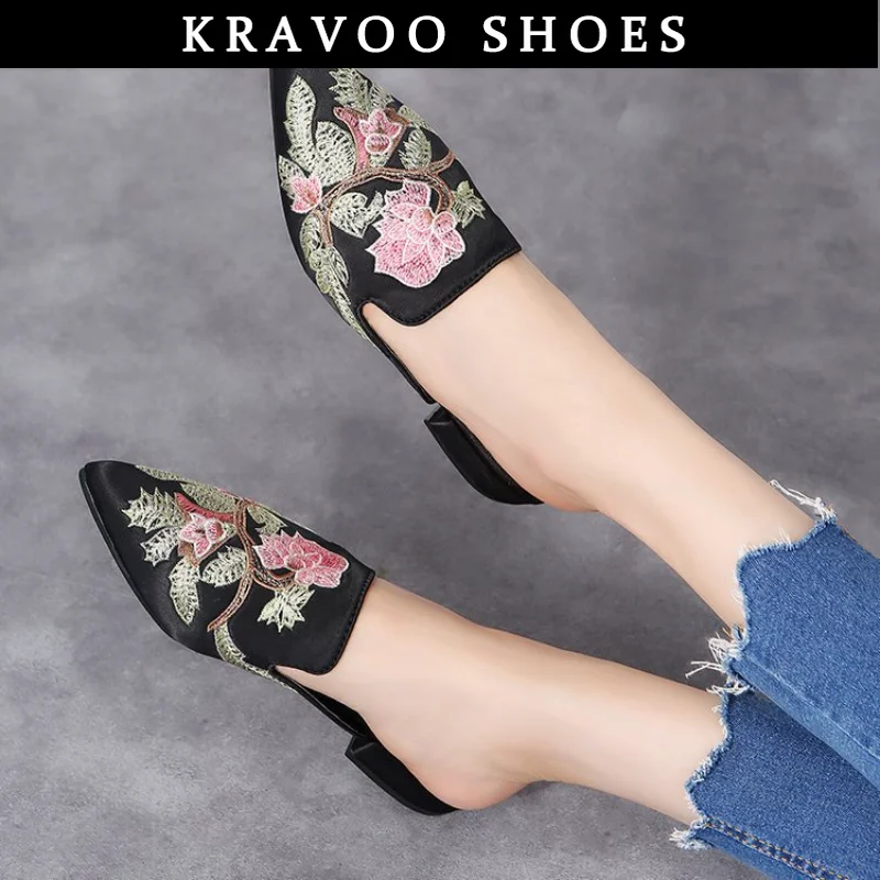 

KRAVOO Shoes Women Embroider Mesh Mules Slippers Women's Pointed Sandals For Women Square Heel Casual Sandal Slipper Summer 2023