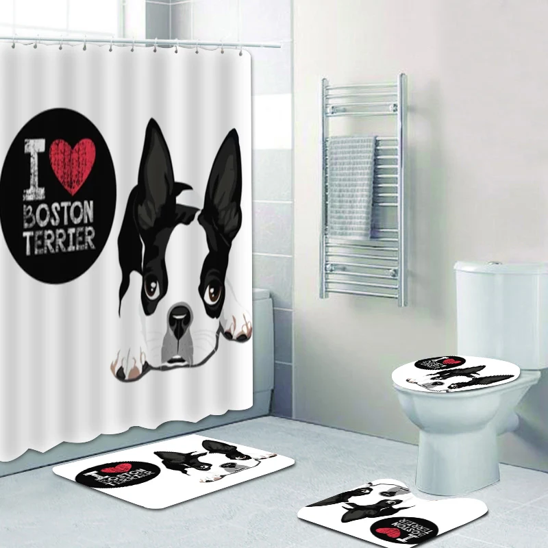 

3D Closeup Portrait of Boston Terrier Shower Curtain and Bath Rug Set Cartoon Puppy Dog Love Bathroom Curtains Toilet Mats Rugs