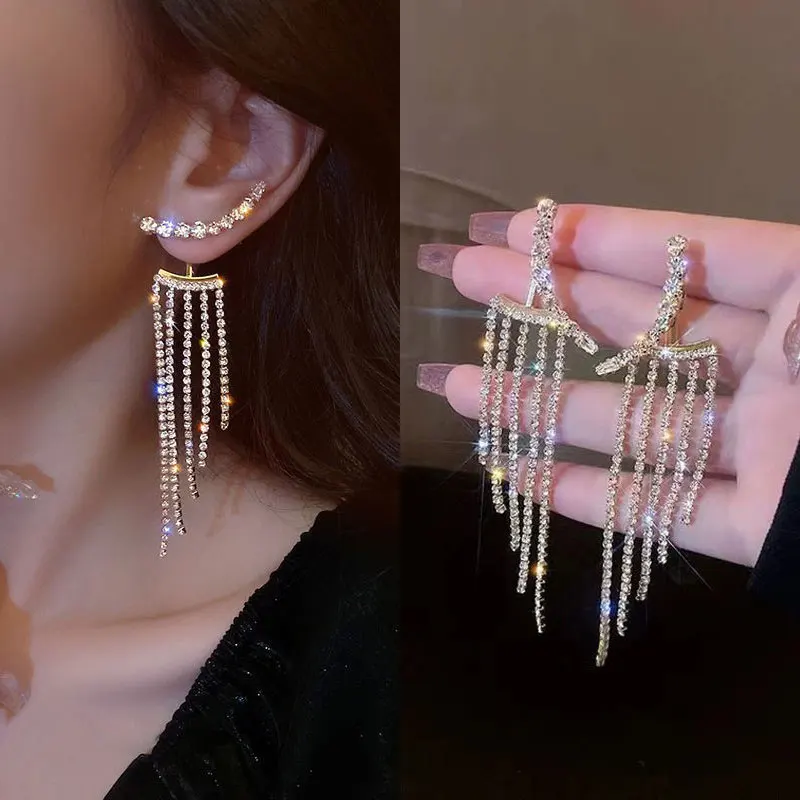 

Korean Fashion Luxury Women's Earrings Rhinestone Fringe Hanging Zircon Earrings Shiny Wedding Statement Party Jewelry Gifts