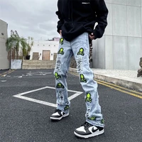 jeans oversize american skull ripped jeans mens high street vibe style cut cat whiskers straight loose trousers