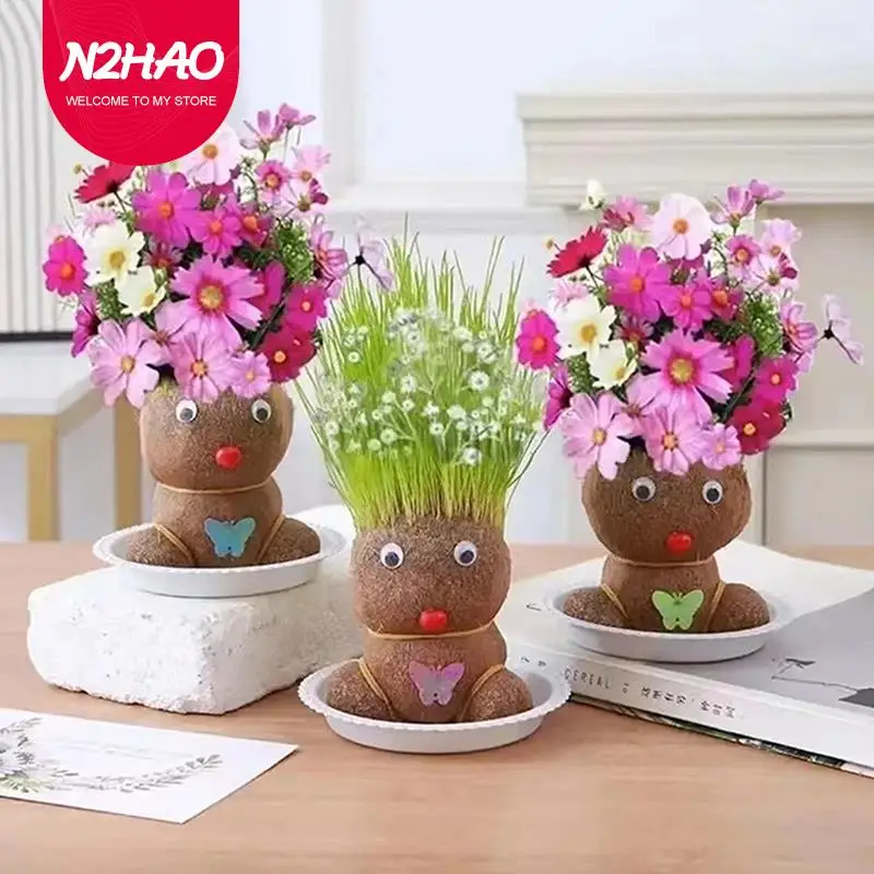 1Pcs Room Decor Home Decoration Small Growing Grass Head Doll Plant Beautiful Children Gift Indoor Balcony Baby Pot Planters