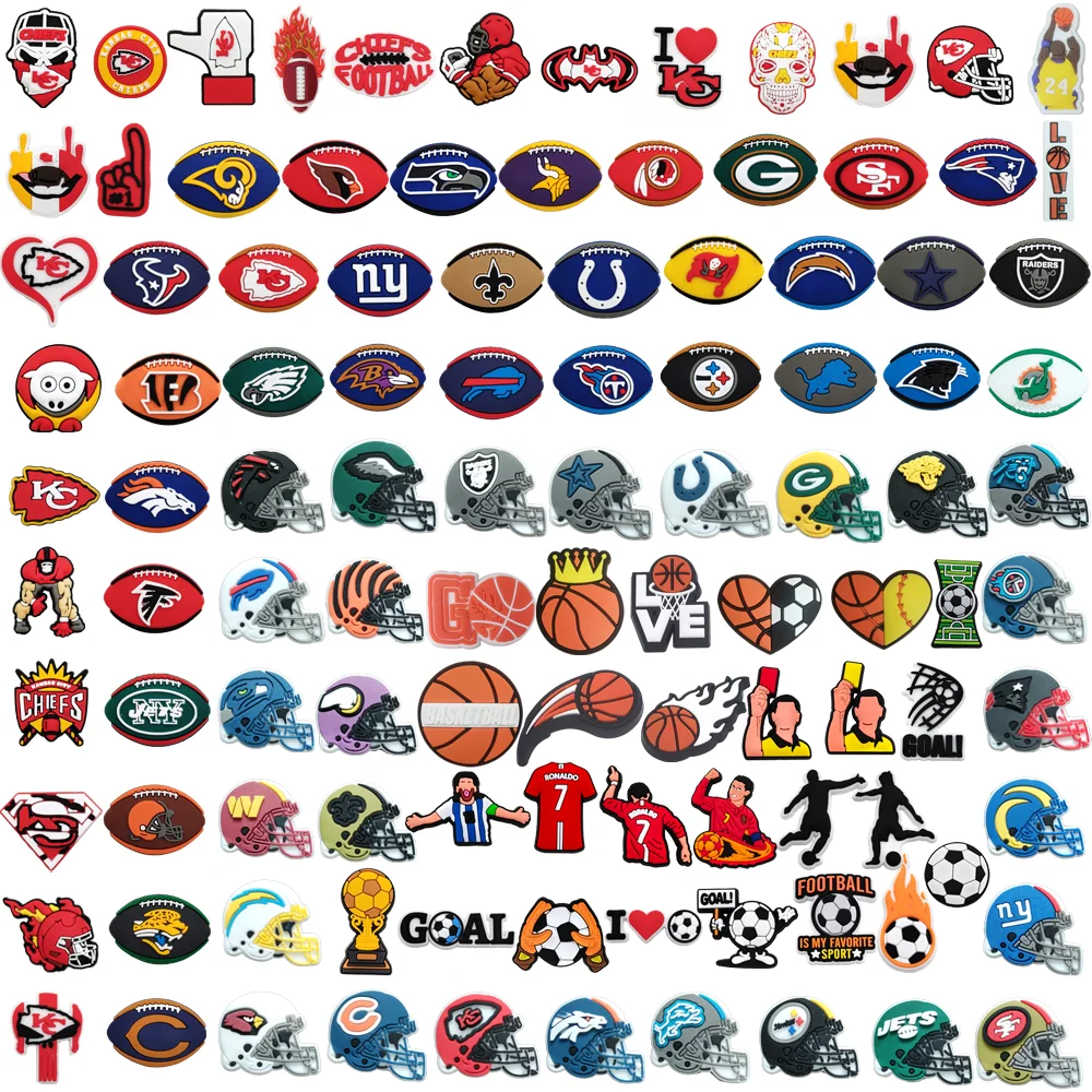 

107Pcs/Set Wholesale Rugby PVC Shoe Charm Accessories Basketball Football Croc Charms Decorations Kids Boys Party Halloween Gift