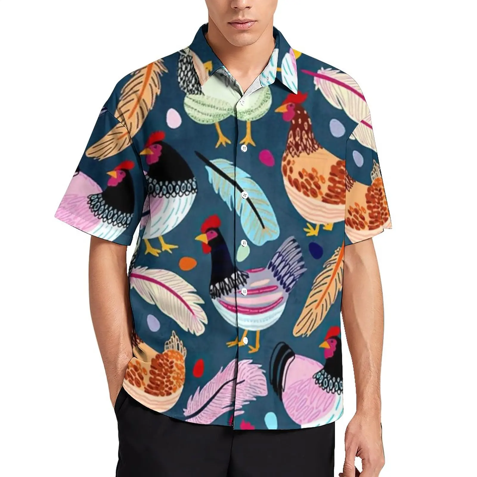 

Colorful Chicken Casual Shirt Farm Animal Print Vacation Loose Shirt Hawaii Streetwear Blouses Short Sleeve Pattern Oversize Top
