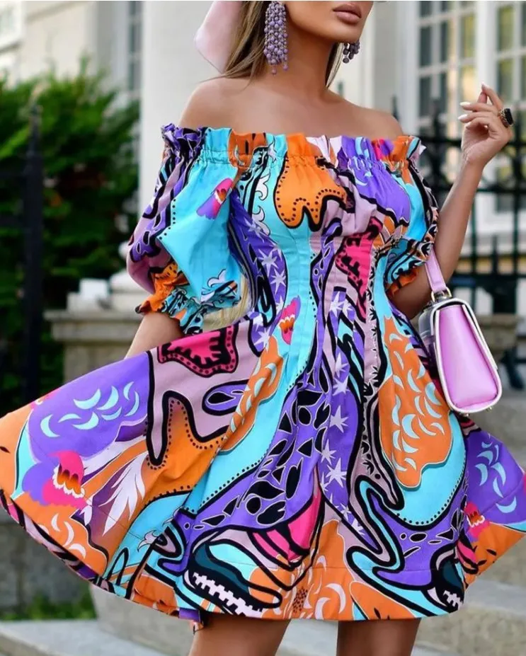 

Элегантное Вечернее Платье с вырезом лодочкой, женское летнее платье-трапеция с цветочным принтом и каскадными оборками, праздничные женск...