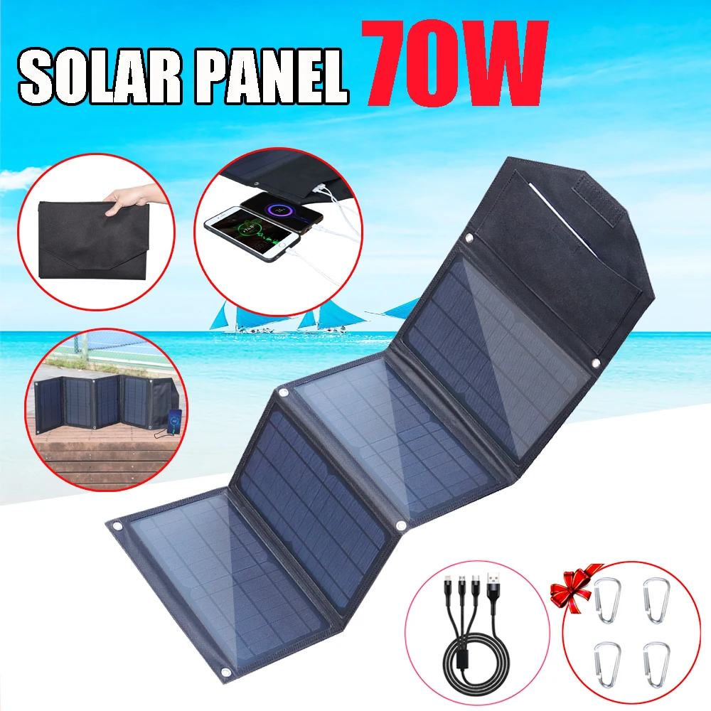 70W Portable Solar Panel Folding Solar Cell Foldable Waterproof 5V USB Port Charger Mobile Power Bank for Phone Battery Outdoor