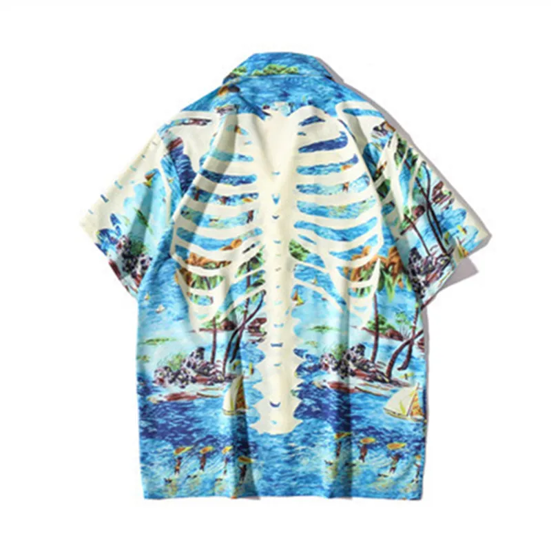 Мужская Повседневная пляжная рубашка с принтом черепа, летняя новая мужская гавайская рубашка с коротким рукавом, Мужская винтажная рубашка оверсайз