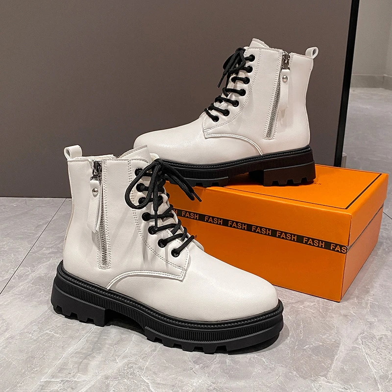 35-40 2022 Autumn Winter Fashion Sports Boots Women Mid-Calf Boots Ladies Non-slip British Style Shoes Zipper PU Leather Boots