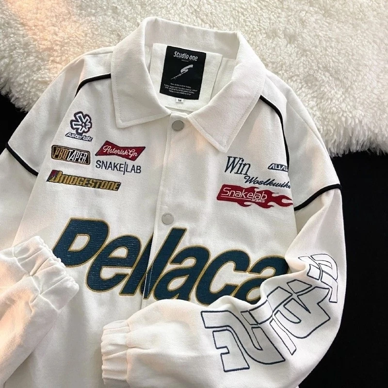 

Мотоциклетная куртка, американский хип-хоп, Высококачественная Мужская куртка с вышивкой букв, y2k, винтажная куртка с отворотом, Мужская мод...