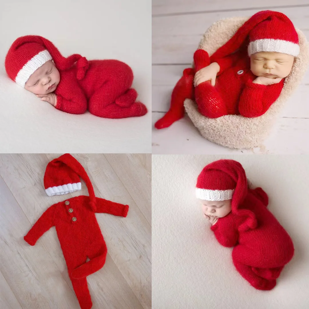 ❤️Newborn Photography Clothing Mohair Christmas Hat+Jumpsuit 2Pcs/set Studio Baby  Photo Props Accessories Santa Costume Outfits
