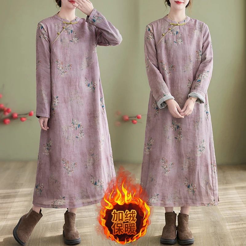 

2022 new Chinese dress autumn and winter long-sleeved improved cheongsam women's velvet cotton and linen robe QBS9250068