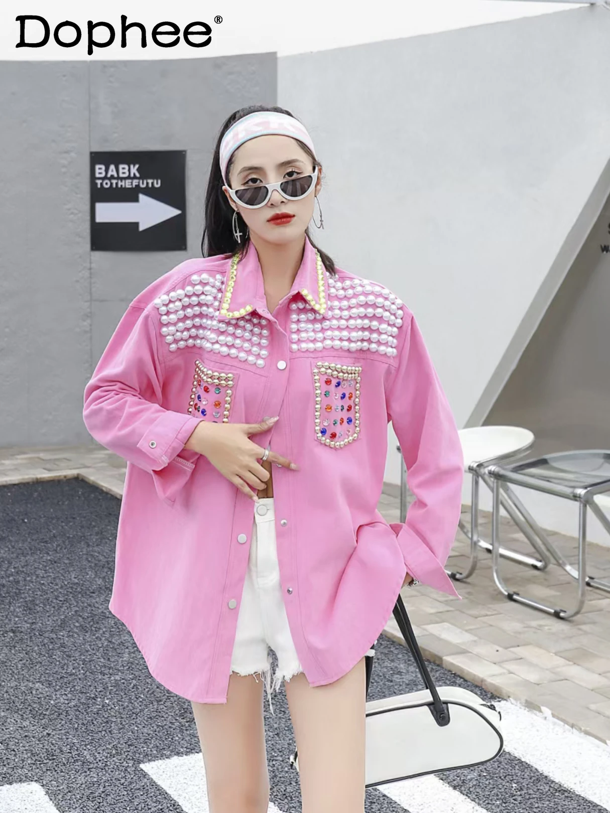 

Heavy Industry Color Rhinestone Pink Denim Shirt Women Elegant Lapel Long Sleeve Loose Oversized Blusas 2022 Spring New Camisas