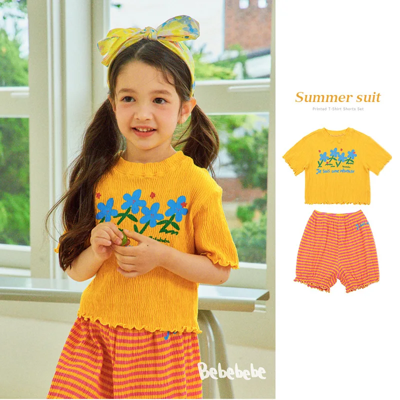 

Girls Clothes 22 Summer New Yellow Flowers Girls T-shirt Shorts Suit Cotton Pink Korean Version Strap Dress Children's Clothing