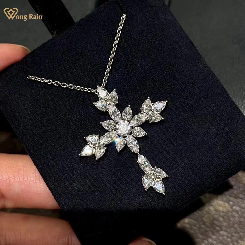 Wong Rain Luxury Solid 925 Sterling Silver White Sapphire Gemstone Cross Pendant Necklace Wedding Party Fine Jewelry Wholesale