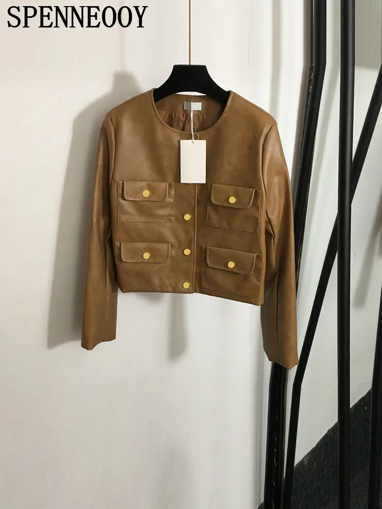 Женская винтажная куртка SPENNEOOY подиумная Осенняя золотисто-коричневая из