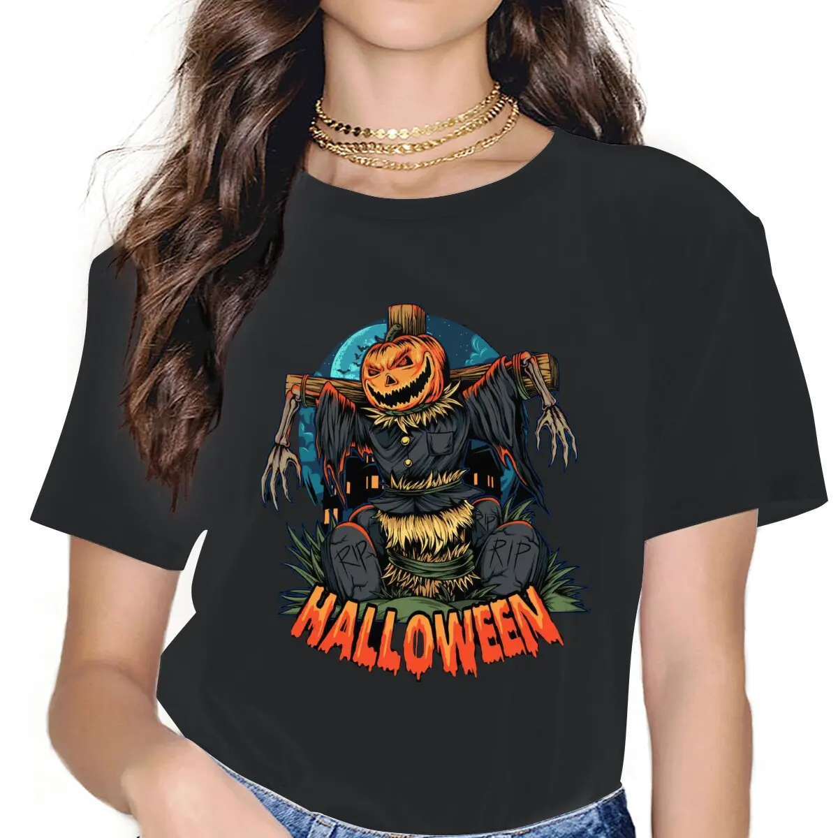 

Women Halloween Pumpkin Scarecrow in the Middle T Shirts Popularity Trend Clothing Humorous Short Sleeve Round Neck Tees