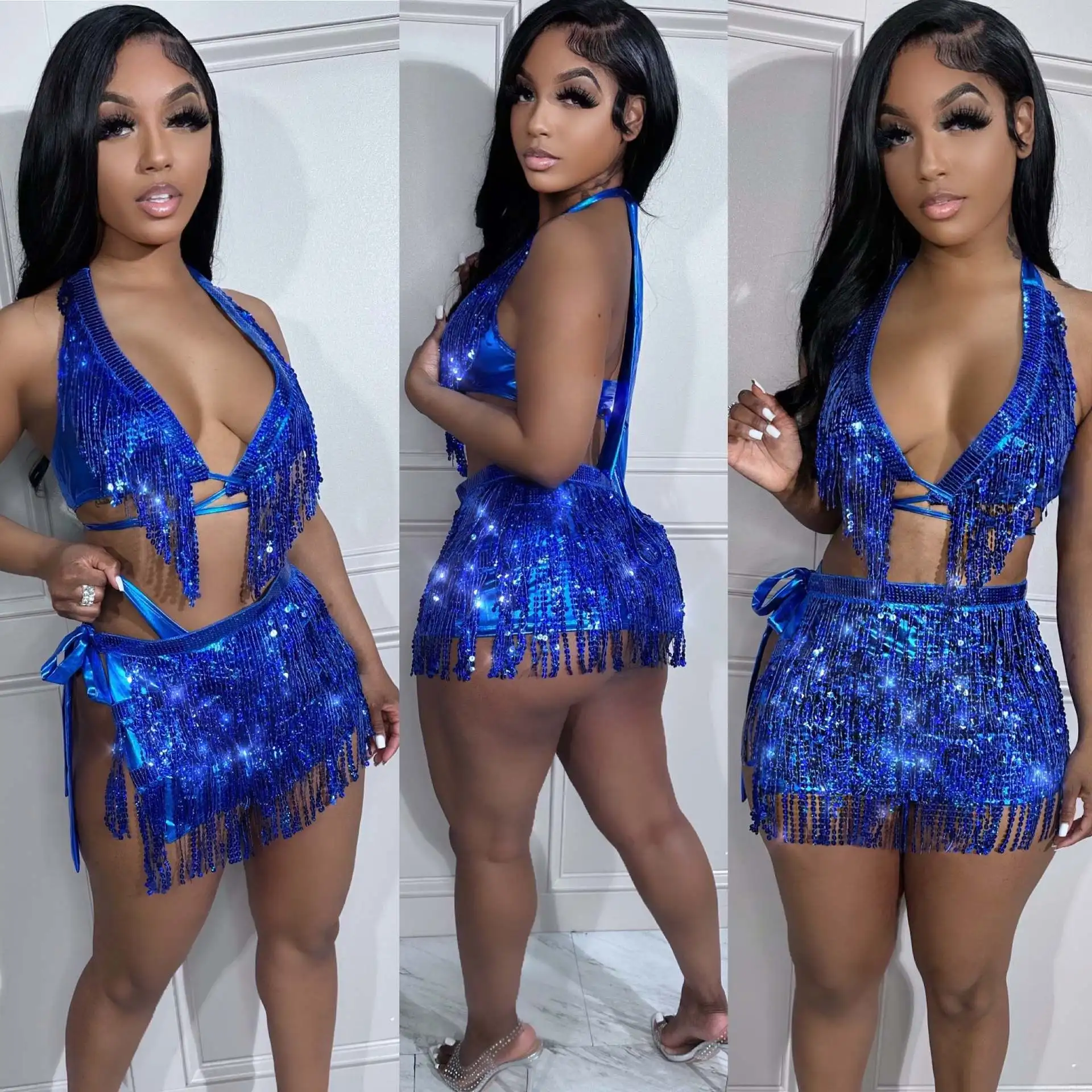 

Women Summer 2023 Bandage Bra Crop Top + Slit Mini Skirts Club Beach Wear Baddie Outfits Y2K Sexy Sequined Tassel 3 Piece Set