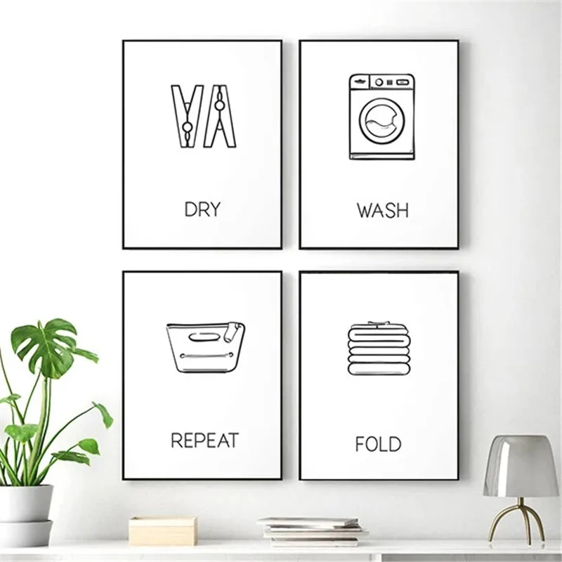 

Nordic Wash Dry Folds Repeat Laundry Poster Wall Art Print Black and White Canvas Painting Bathroom Home Decoration Photo