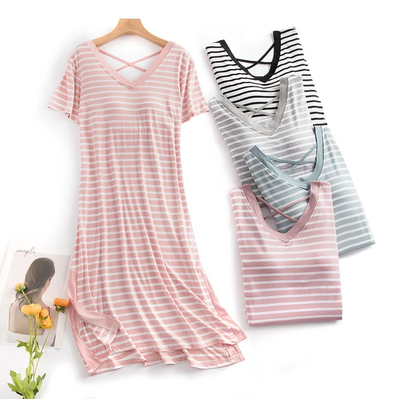 

Women Nightgowns 2023 Summer Short Sleeved Sleepwear Female Striped Printed Pajama Dress Lady Casual Homewear with Bra