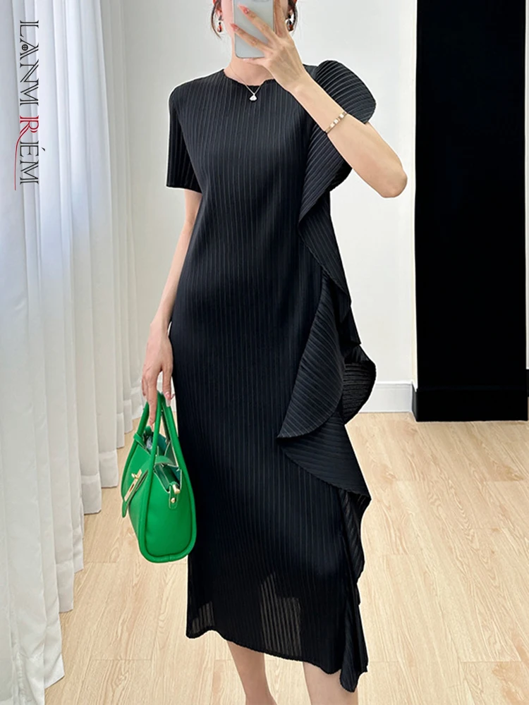 

Женское плиссированное платье LANMREM, однотонное платье с круглым вырезом и короткими рукавами, одежда для женщин, новинка 2023, 2YA3929
