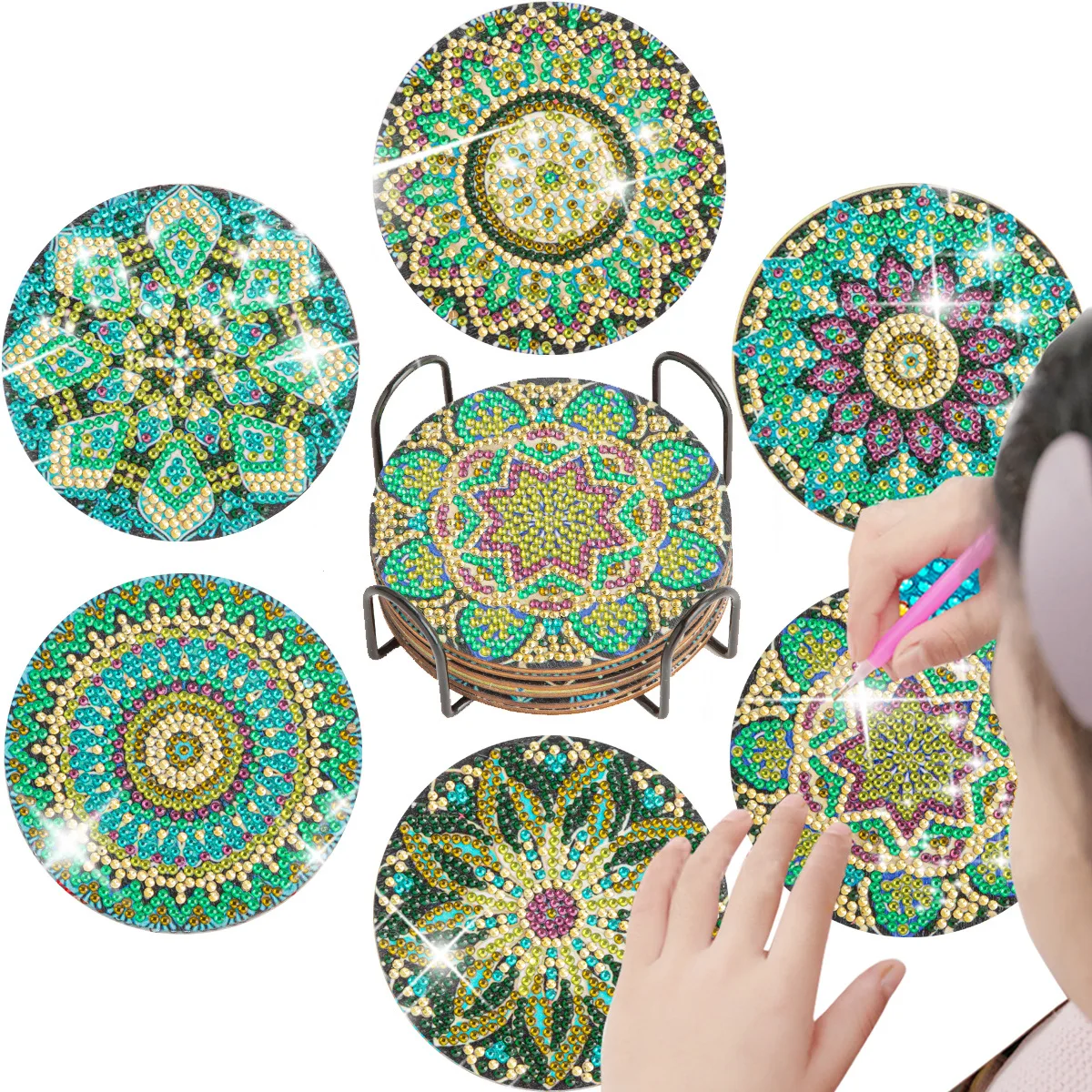 

6PCS/Set Mandala DIY Diamond Painting Coaster Rhinestones Embroidery Coaster Cup Cushion with Rack Table Placemat Cup Mat Pad
