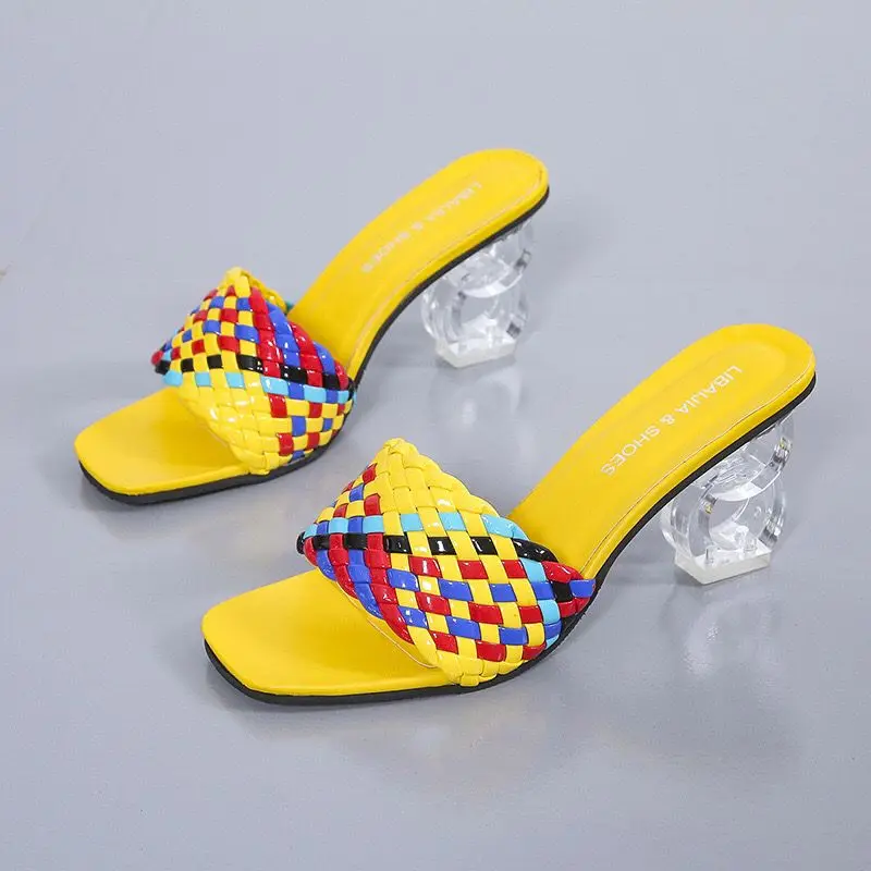 

Crystal High Heels Women Sandals Crystal Heel Slippers Women Color Woven Cord Belt Fashion Slippers Women Beach Shoes 2023 New