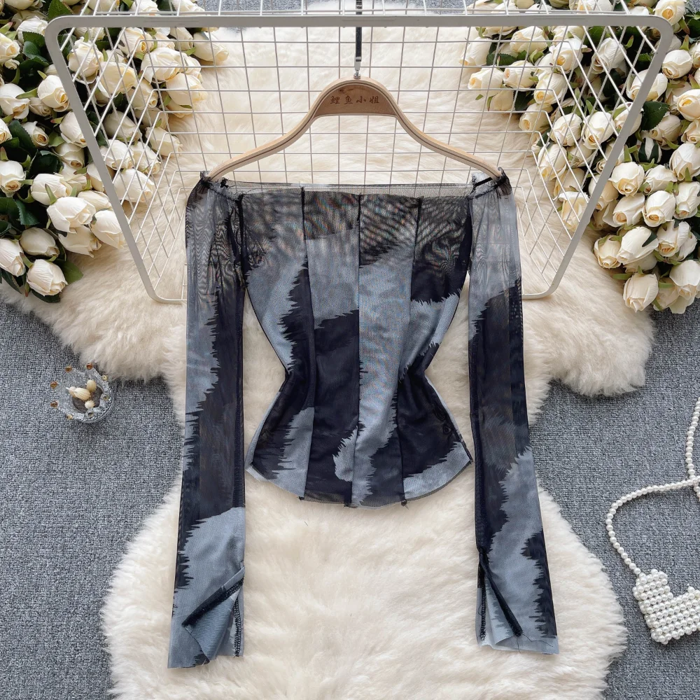 

Женский шикарный топ из газовой ткани с длинным рукавом, облегающая пикантная Корейская футболка, Модный женский укороченный топ с воротником-лодочкой на лето