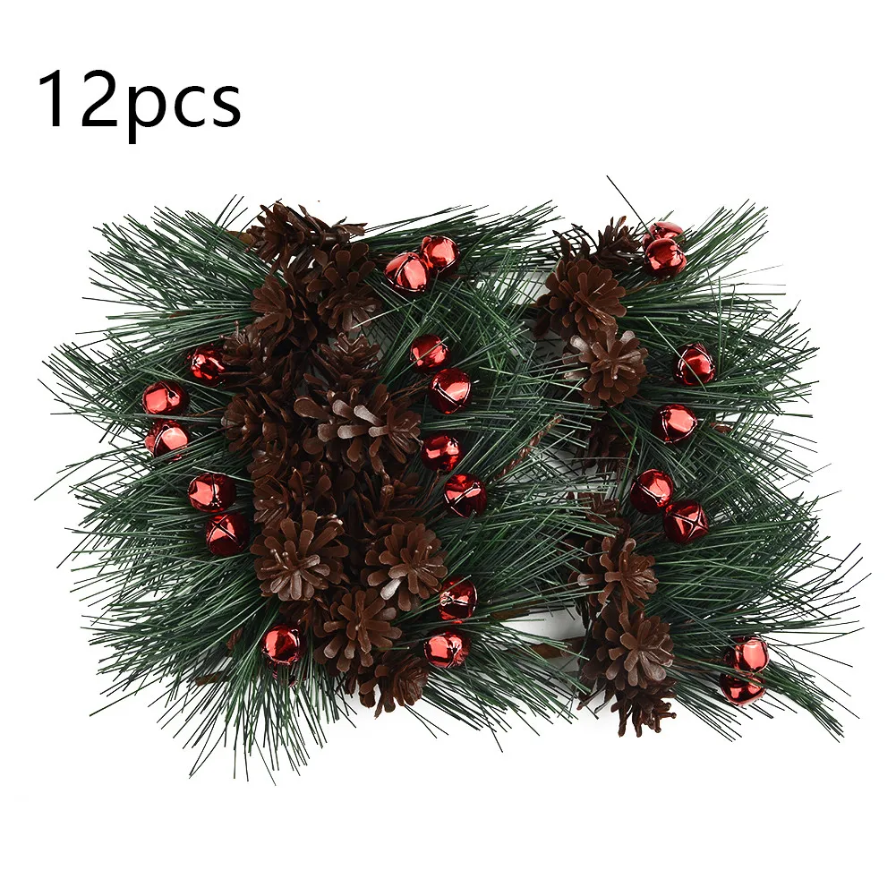 

12PCS Artificial Flowers Pine Cone Bell Bouquet Christmas Decorations Green Red Berry Pine Cone Holly Branch Home Festive Decor