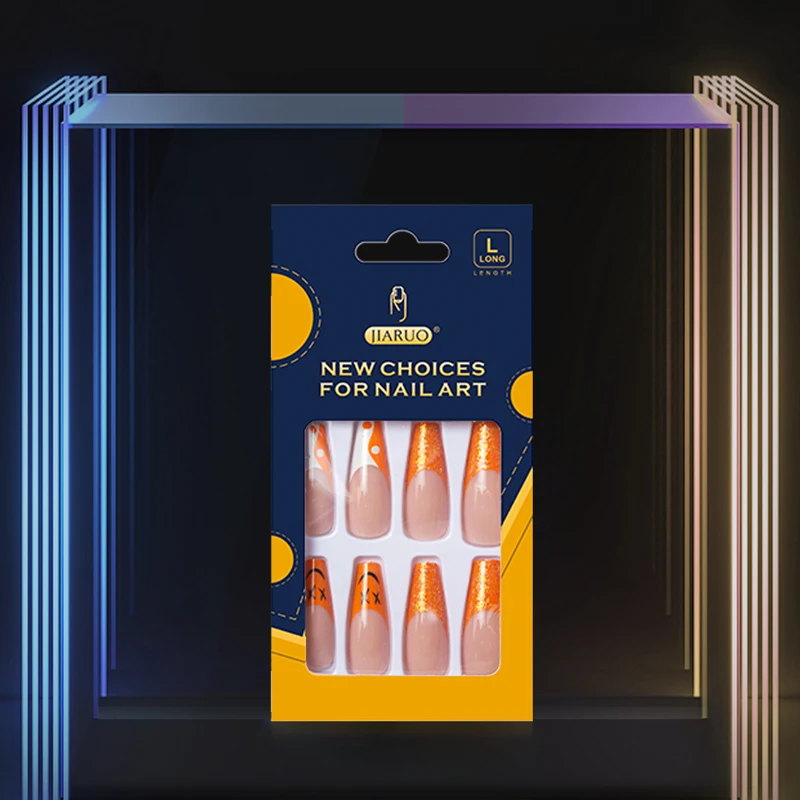 

JIARUO 24PCS/BOX Long Press on Nail Coffin Fake Nails Y2k Removable Nail Art Fun Cartoon Orange White Yin Yang Nail Art Patch