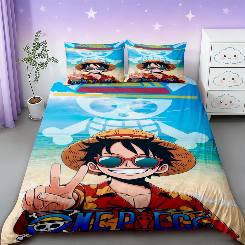 Фото Комплект постельного белья One Piece с мультяшным принтом Луффи, мягкий и удобный, размеры Queen/King/Twin/Full, для подростков и мальчиков, подарок для мальчиков, мягкий и уютный. №3