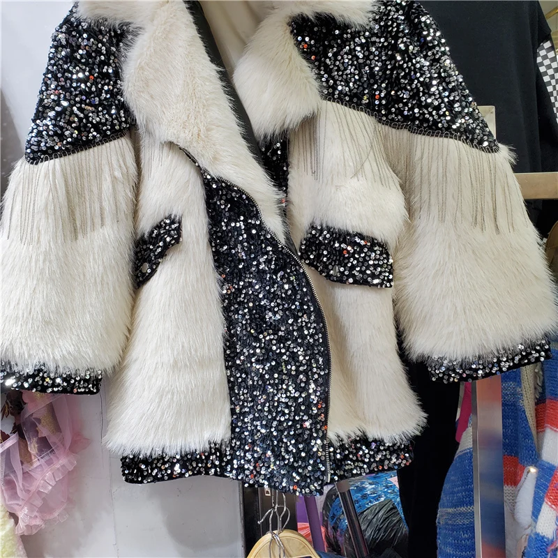 Embroidery Sequins Tassel Chain Faux Fur Coat Women Fur Collar Long-Sleeved Thickened Leather Stitching Fur Jacket Winter 2021