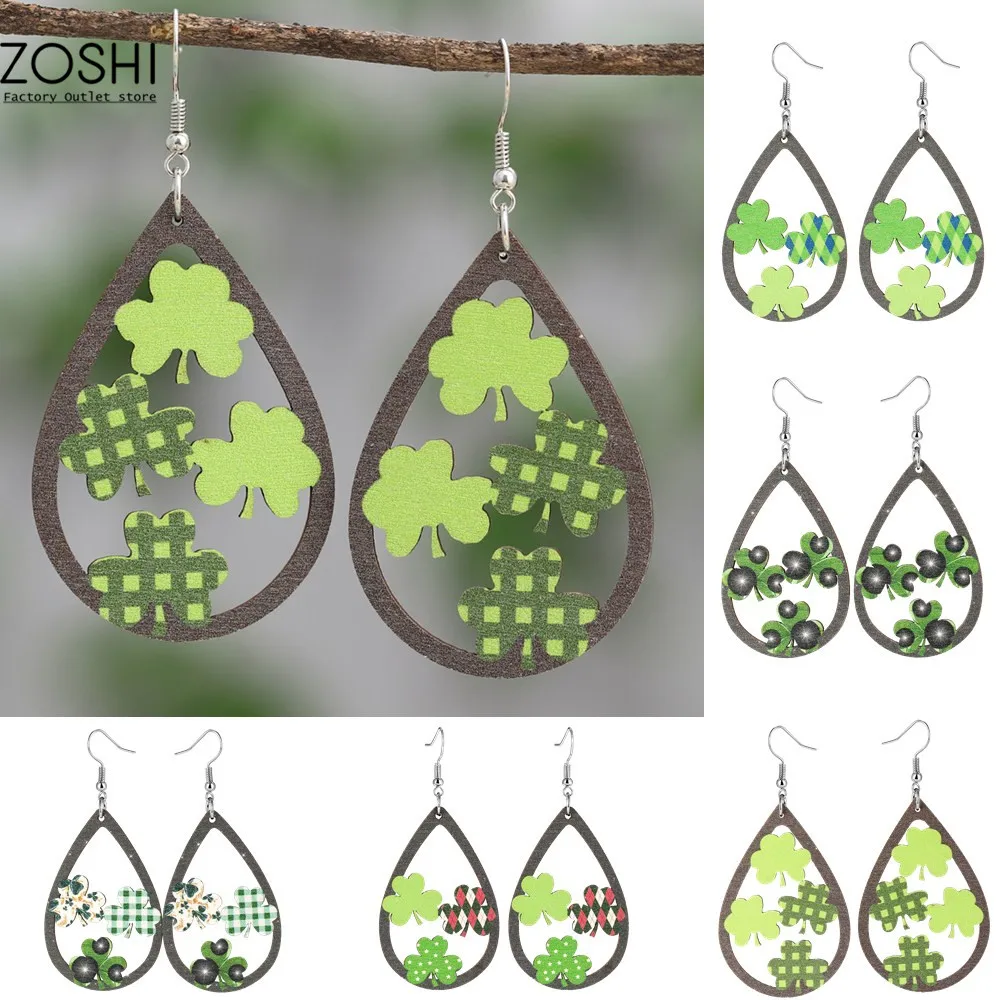 

Silver Plated Multi Green Shamrock Plaid Oval Shape Piercing Wooden Dangle Earrings Alloy St Patrick's Day Gift For Women Girl