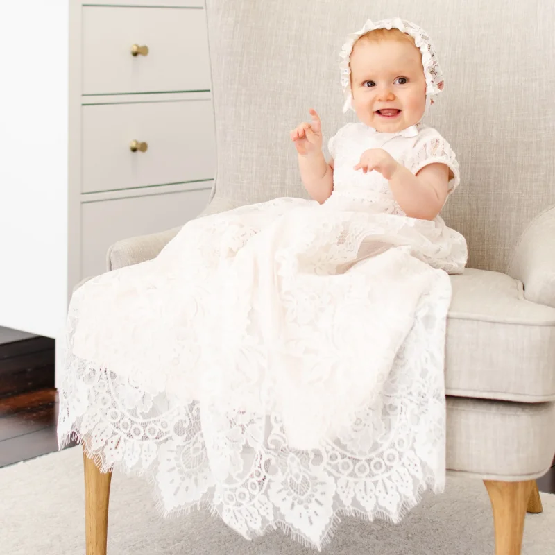

Ivory Baby Girl Dresses Long Appliques Lace Short Sleeve For Wedding Party Communion Christening Infant Baptism Wear Clothes