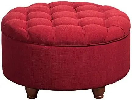 Decor | Upholstered Tufted Round Storage Ottoman | 28u201D Cocktail Ottoman with Storage for Living Room & Bedroom, Red Folding