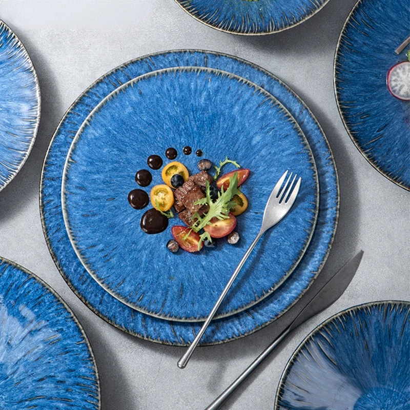 

Креативные синие керамические Столовые тарелки в стиле ретро, тарелка для стейка в западном стиле, тарелки для салата, посуда для дома, рест...
