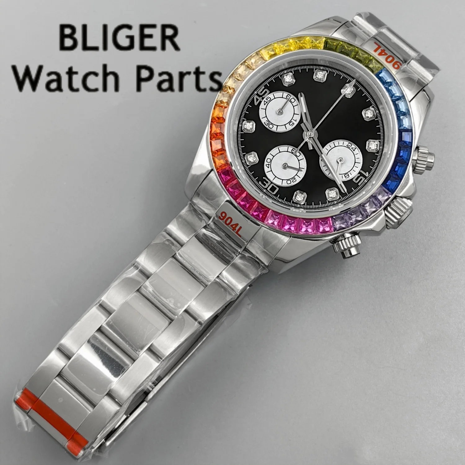 Фото Мужские часы BLIGER Black Panda с черным циферблатом, разноцветным безелем, хронографом VK63A, кварцевым механизмом, секундной стрелкой, сапфировым стеклом и резиновым ремешком. №4