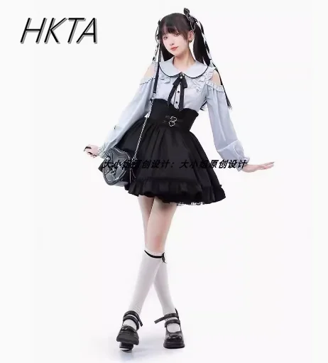 Милая крутая блузка с открытыми плечами и пышными рукавами кукольный воротник