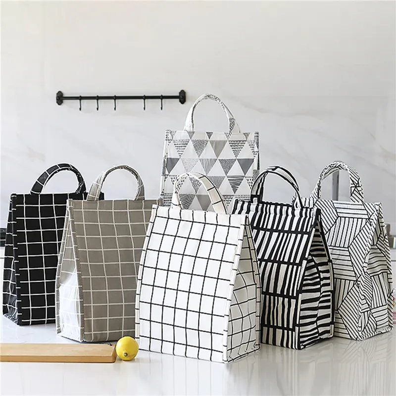 

Functional Lunch Box Tote Portable Insulated Canvas Kids Bento Pouch Thermal Food Picnic Lunch Bag For Women White grid Cooler