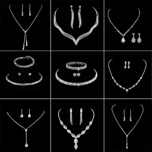 Imported Luxury Crystal Bride Jewelry Set Rhinestone Wedding Dress Banquet Zircon Chain Necklace Dangle Earri
