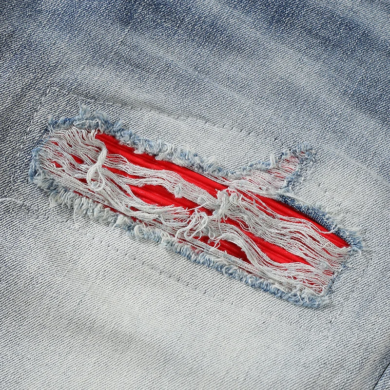 High Street Fashion Men Jeans Retro Light Blue Buttons Fly Stretch Skinny Ripped Jeans Red Patched Designer Hip Hop Brand Pants