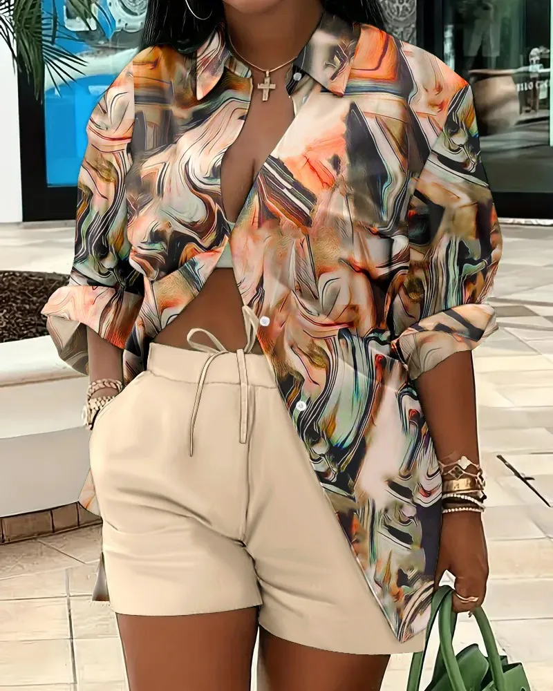 

Shirt Lace up Shorts Casual Sports Style Commuter Women's Set Autumn New Women's Set Fashion Polo Collar Print Single breasted