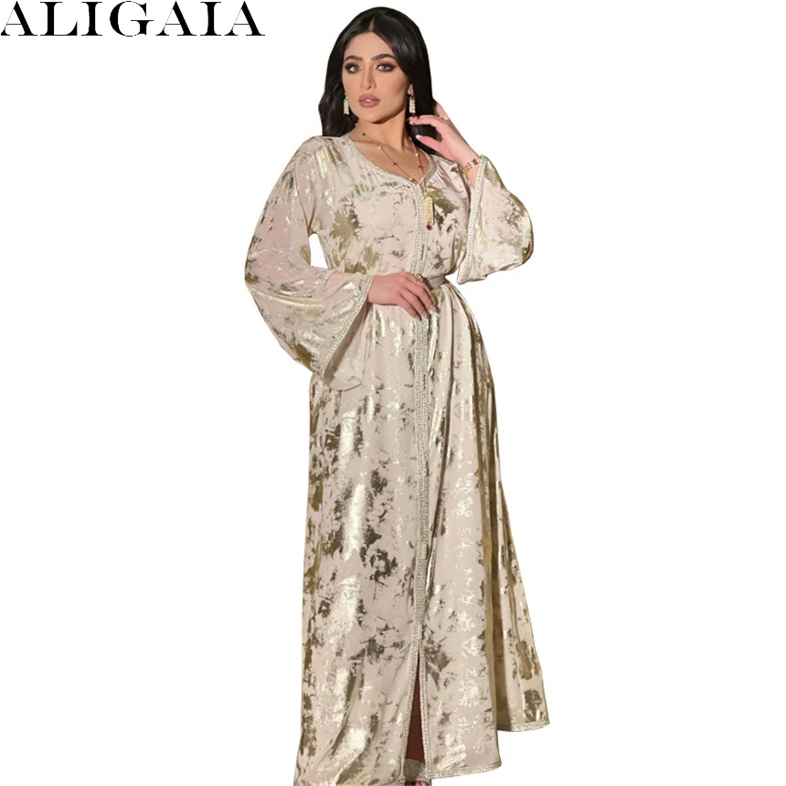 

Aligaia New Abaya Dress Fashion Muslim Fall Dubai Jalabiat Turkey Arabic Oman Moroccan Caftan White Golden for Women 2022