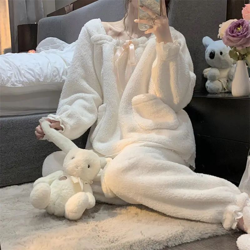 2021 Autumn Winter New Korean Version of The Lovely Sweet Princess Pajamas Warm Plus Velvet Nightgown Set Sleep Tops night gown