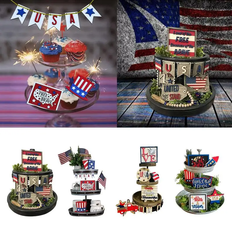 

4th Of July Independence Day Tray Decor 4th Of July Wooden Tiered Tray Decoration Party Supplies Blue White Red Patriotic Signs