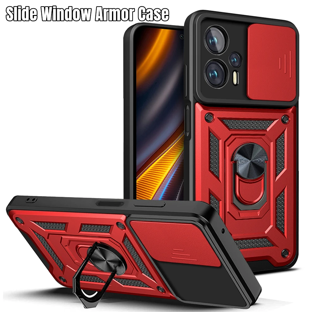 

ShockProof Shell Armor Back Cover For Xiaomi POCO X4 X3 NFC F4 F3 GT M4 M3 Pro Anti Shock Magnet Slide Sliding Window Case Funda