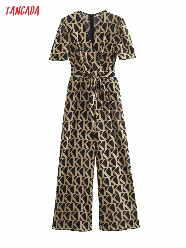 

Женский Длинный комбинезон с геометрическим принтом, V-образным вырезом и коротким рукавом