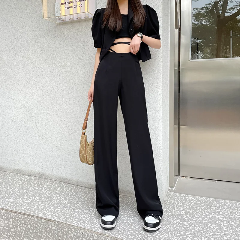 2022 New High Waist Drooping Loose-Fitting Pants Lace-up Straight Casual Pants Femme Summer Black Suit Wide-Leg Pants for Women