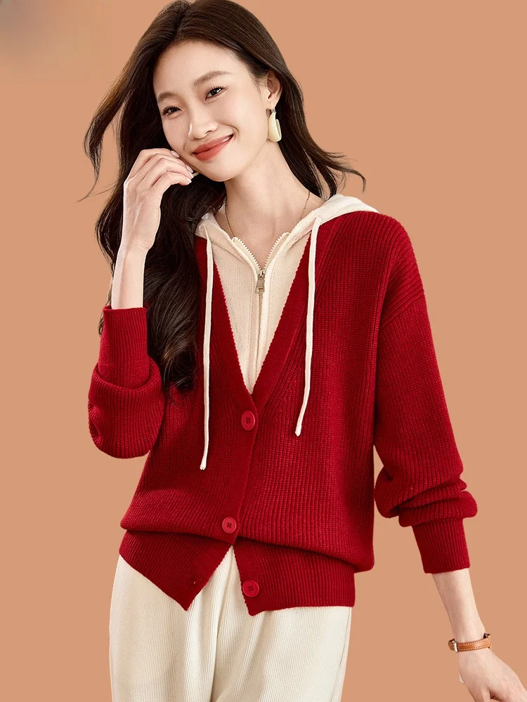 Вязаный кардиган с капюшоном женский осенне-зимний новый вестерн Sle