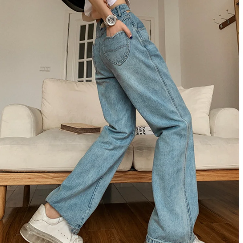 

Модные светло-голубые Свободные повседневные прясветильник джинсовые брюки с карманами Love, женские летние джинсы с широкими штанинами, новинка Y2k мешковатые